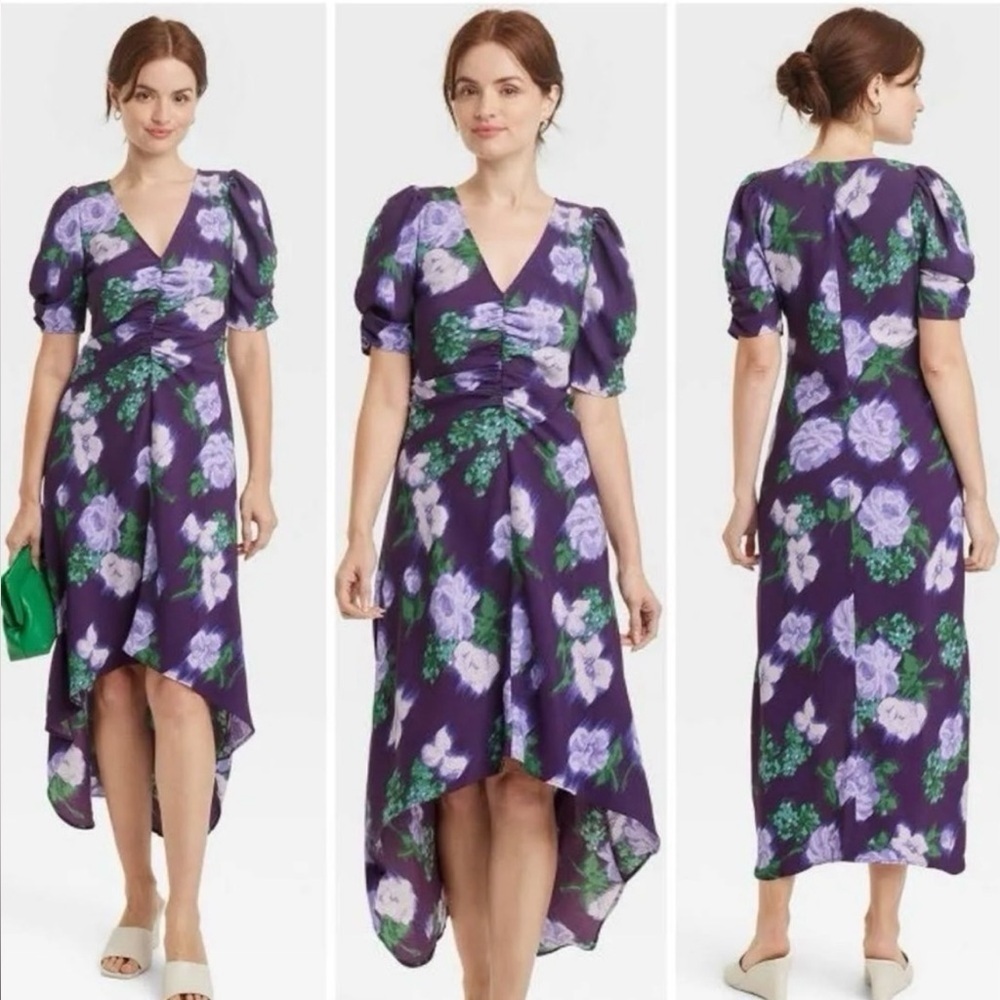 NWT A New Day Crepe Ruched Front Purple Floral Midi Dress